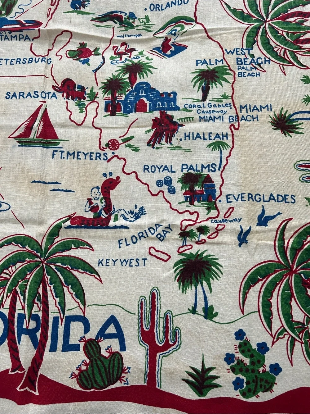 Vintage Florida souvenir Map card table cloth with Palm & Cactus Motif